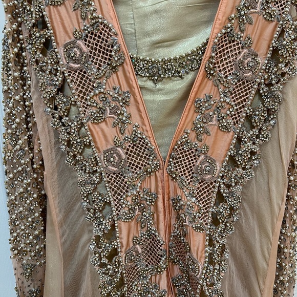 Pakistani shalwar kameez peach heavy kaam wedding dress Eid Indian high low desi - Picture 12 of 17